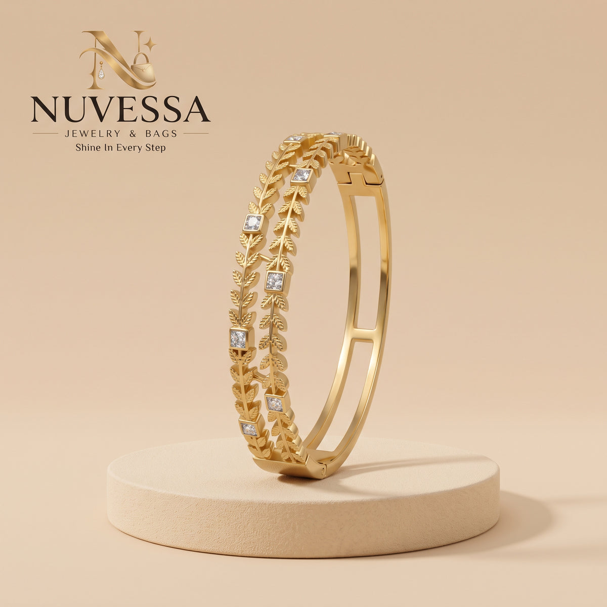 Double Leaf Gold Crystal Bangle