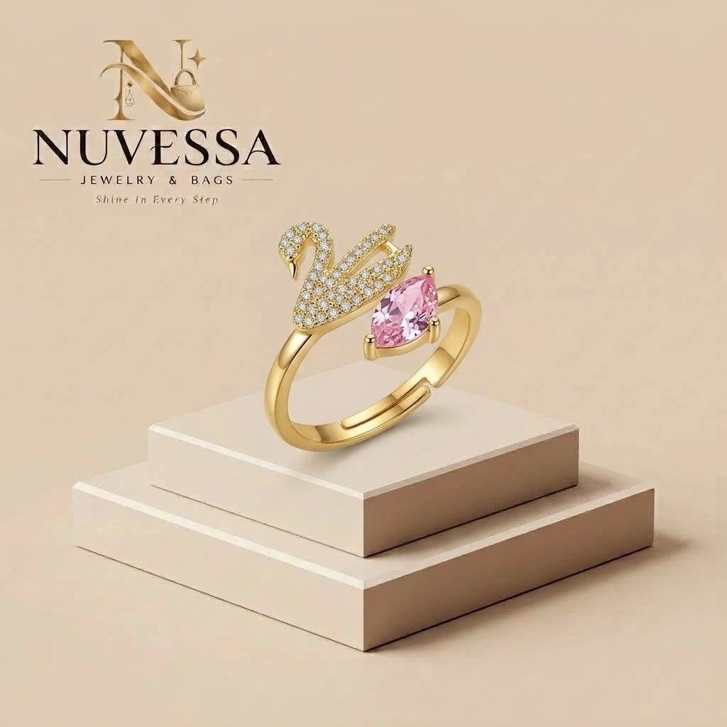 Adjustable Pink Crystal Swan Ring