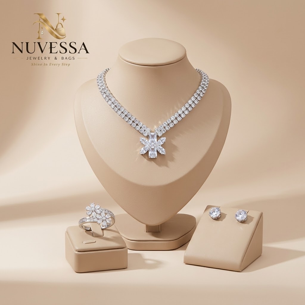Complete 3-Piece Silver Crystal Floral Jewelry Set (Necklace, Ring & Tops)