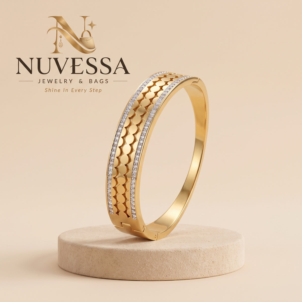 Scalloped Gold Crystal Bangle