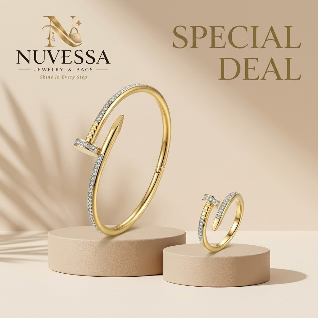 2-Piece Crystal Nail Gold Bracelet and Ring Set