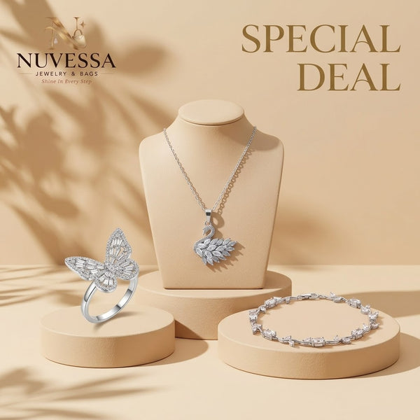 3-Piece Silver Crystal Swan Necklace, Butterfly Ring & Bracelet Set