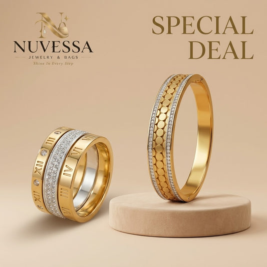 2-Piece Roman Numeral Ring & Scalloped Crystal Bracelet Set