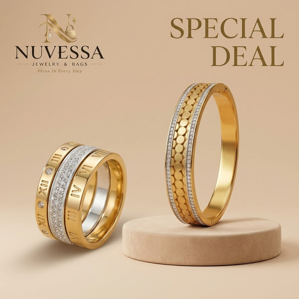 2-Piece Roman Numeral Ring & Scalloped Crystal Bracelet Set