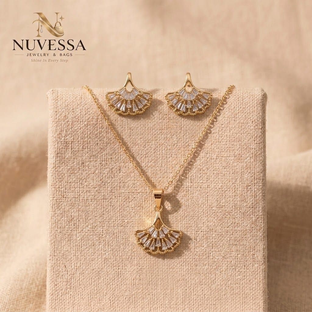 Gold Crystal Pendant with Chain and Earrings Set