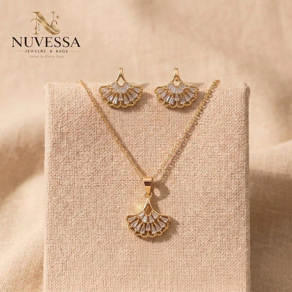 Gold Crystal Pendant with Chain and Earrings Set