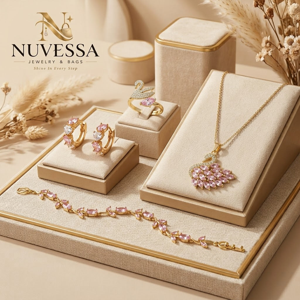 4-Piece Pink Crystal Swan Necklace, Adjustable Ring, Tops & Bracelet Set