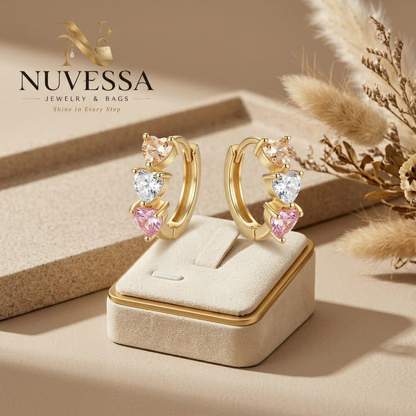 3-Heart Crystal Gold Hoop Earrings