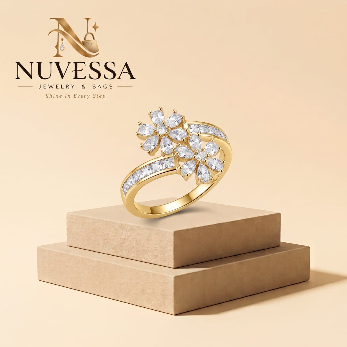 Adjustable Double Floral Crystal Wrap Ring