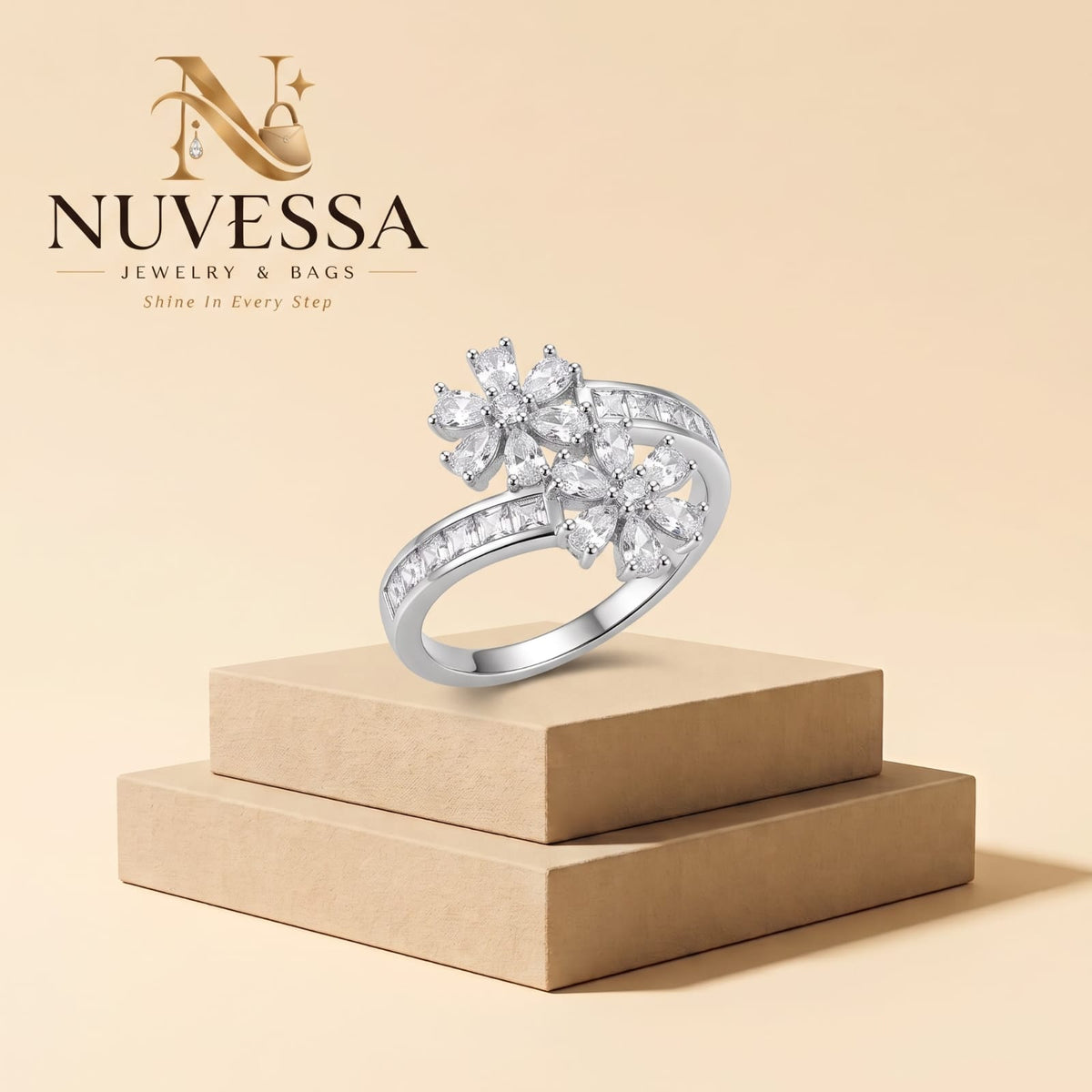 Adjustable Double Floral Crystal Wrap Ring