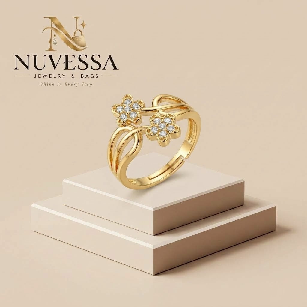 Adjustable Double Flower Gold Ring with Crystals