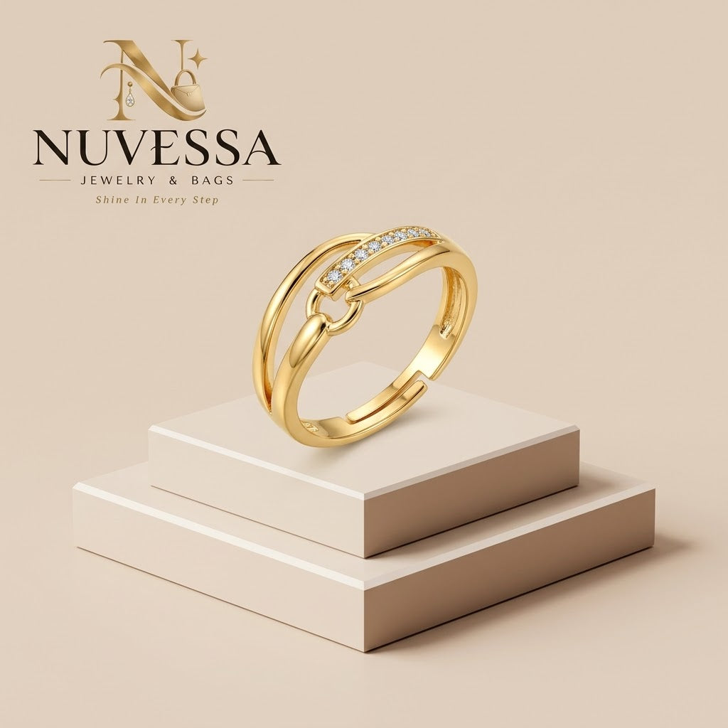 Adjustable Double Band Gold Ring with Crystals