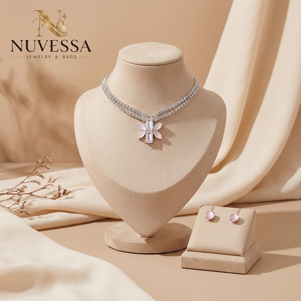 Complete 2-Piece Pink Floral Crystal Jewelry Set (Necklace & Tops)